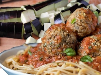 Eggplant Meatballs on Spaghetti with sauce